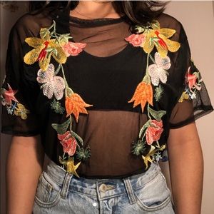 ZARA Flower Embroidered Mesh Top